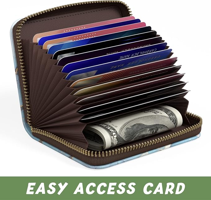 Aiawoxc Credit Card Holder for Women, Small RFID Wallet Slim Leather Card Organizer Case with Zipper Keychain, Light Blue Marble