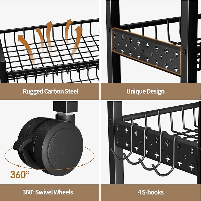 6 Tier Slim Storage Cart, Narrow Rolling Cart with Wheels, 6in(W) | Narrow Mobile Utility Shelf Unit Organizer for Kitchen, Bathroom, Laundry Room, Living Room, Small Places, Black