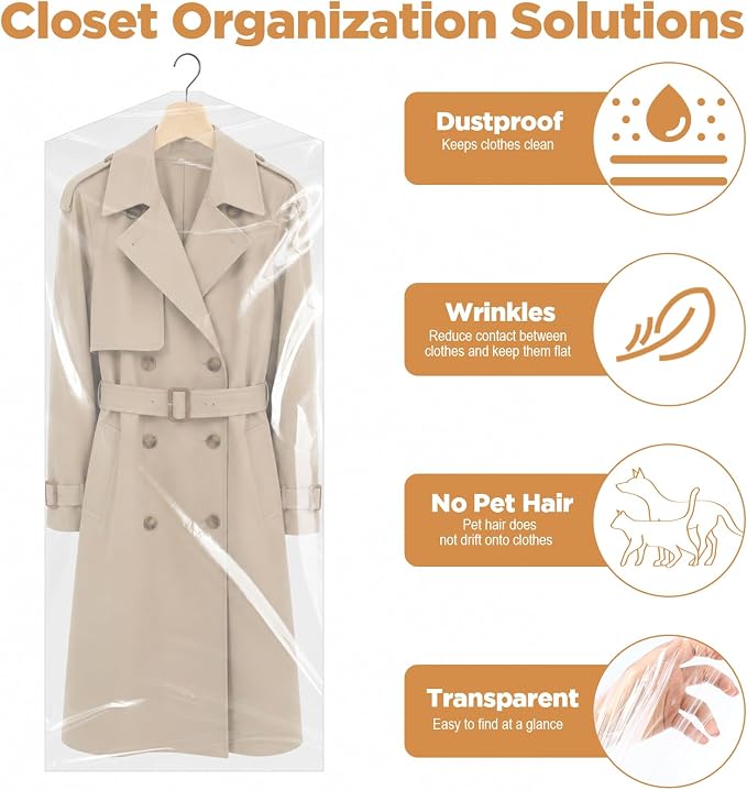 50Pcs Clear Plastic Garment Bags, 24x60 In Thick Transparent Clothing Dust Covers, Dry Cleaning Covers for Hanging Clothes, Laundry Bags Dust Proof Garment Bag for Closet Storage Travel