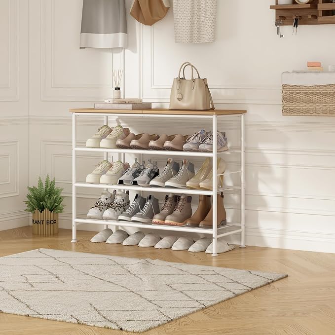 SUOERNUO Shoe Rack Organizer 4 Tier for Closet Entryway Free Standing Metal Storage Shoe Shelf with MDF Top Board (White + Nordic Walnut, 4 Tier)