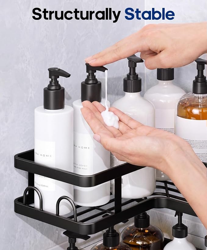 3 Pack Corner Shower Shelves, Rustproof Shower Organizer Caddy | No Drilling Shower Organizer Corner Exclusively for 90 Degree Right-Angle Walls with Hooks and Toothpaste Holder, Black