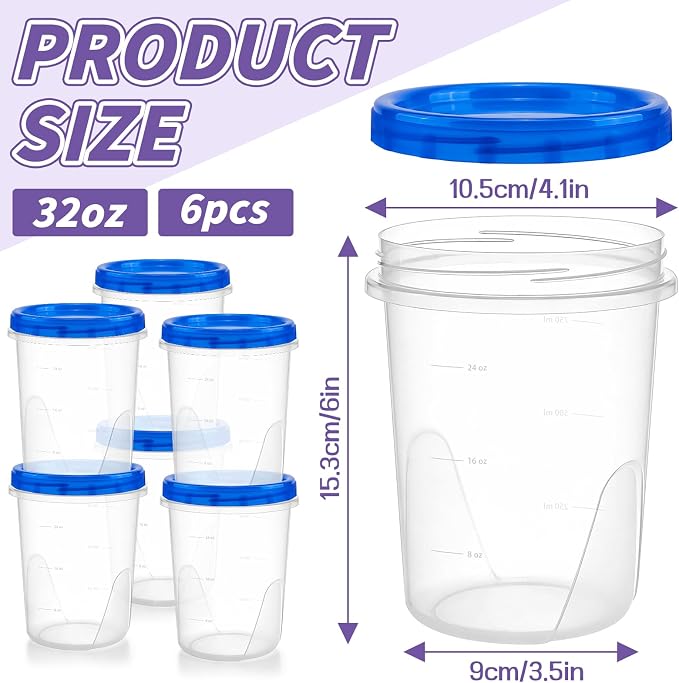 6 Pack Freezer Containers with Screw On Lids, 32 Oz Stackable Reusable Plastic Storage Container, Airtight Plastic Food Storage Containers with Twist Top Lids for Food Soup Jello Sauce