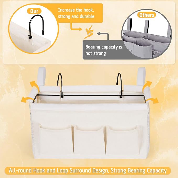 Lilithye Bedside Caddy Organizer with Fixed Straps and Water Bottle Holder for Home, College Dorm, Hospital, Crib and Bunk Bed (2pcs White)