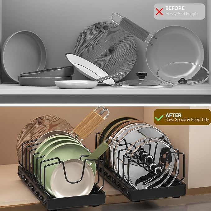 Black 2 Pack Pot Lid Organizer, Pull Out Cabinet Rack, 16 Dividers | 2-pack black carbon steel rack, 16 adjustable dividers, quiet slide rails, adhesive or screw mount for lids, pans, bakeware
