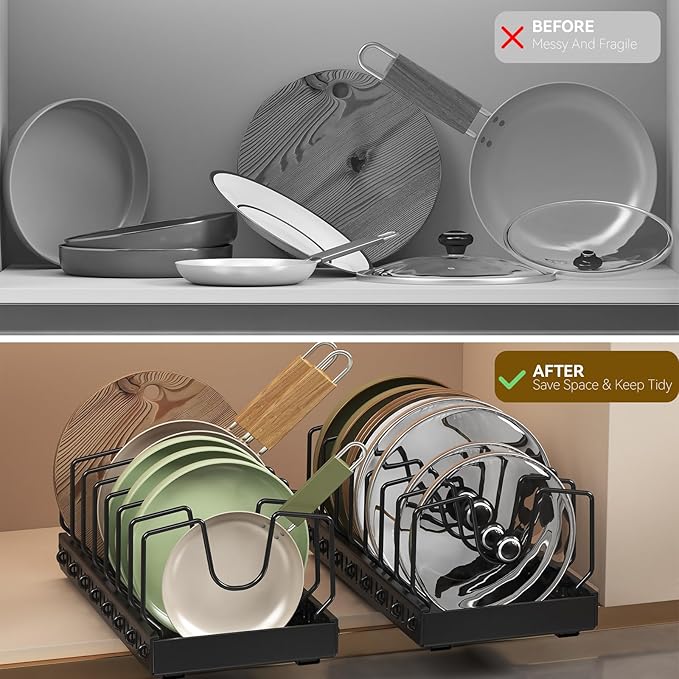 Pull Out Pot Lid Organizer, Cabinet Pan Rack, 10 Dividers | 2-pack black carbon steel rack, 16 adjustable dividers, quiet slide rails, adhesive or screw mount for lids, pans, bakeware