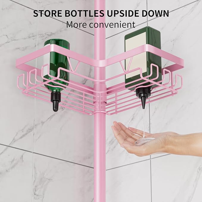 DAOYA Corner Shower Caddy Tension Pole - Corner Shower Organizer Pink Cute | Bathroom Shower Shelf for Shampoo, 25–114 Inch Shower Rack for Renter/Apartment, 4 Tier, Sturdy, Large Capacity, Save Space