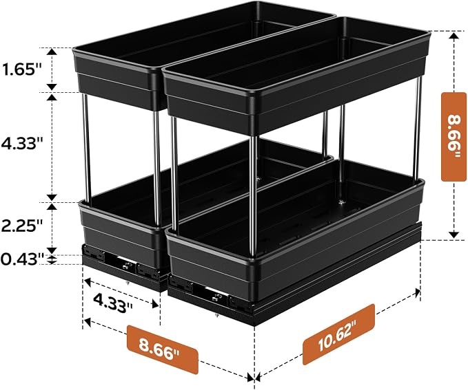 Mystozer Pull Out Spice Rack Organizer for Cabinet, 2 Pack 2-Tier, Black | Smooth Dual-Rail Sliding, No-Drill Installation, 8.26"W x 10.62"D x 8.66"H, Fits Framed Cabinets and Saves Kitchen Space