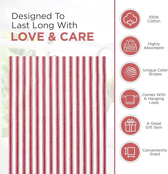 Stripe Kitchen Towels With Hanging Loop - Boho Absorbent Dish Towels Set of 3 - Reversible Reusable 18x28 Inch - Spring French Stripe Red - Festive Gift
