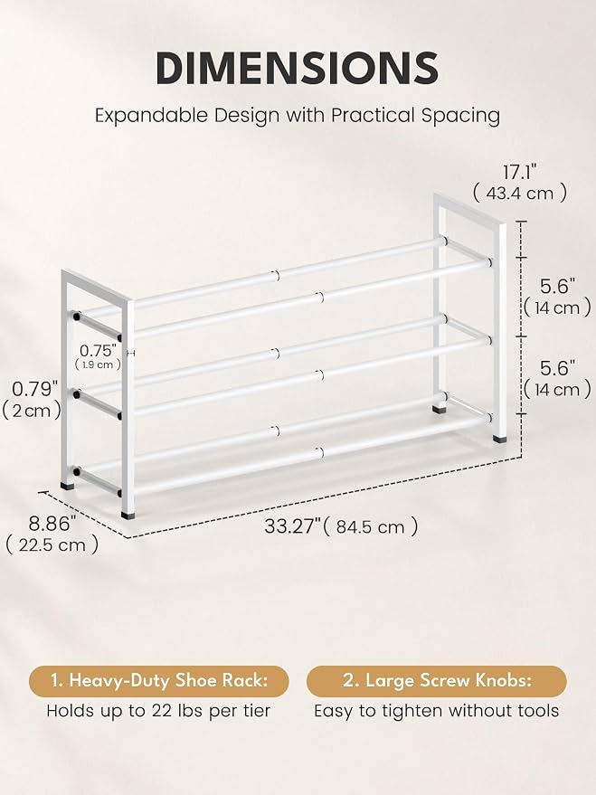 Bumusty 3-Tier Expandable Shoe Rack for Closet, 18“-33” Adjustable Shoe Rack for Small Space, Small Shoe Organizer for Front Door, Sturdy Metal, White