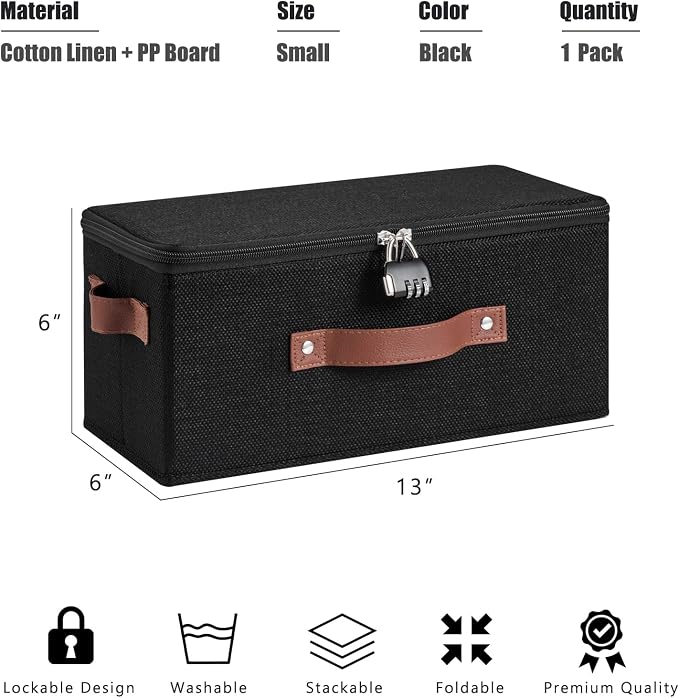 Storage Bins Boxes with Zipper Lid Combination Lock PU Leather Handles Cotton Linen Fabric Lockable Baskets DVD CD Case Foldable Closet Shelf Organizer Container (Black, 13"x 6"x 6")