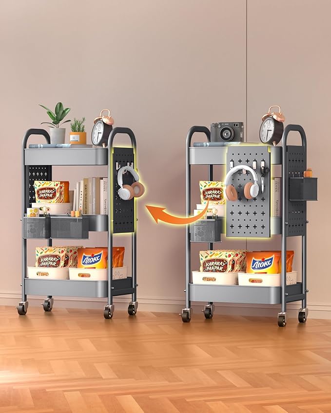 ALVOROG 3 Tier Metal Rolling Utility Cart with Pegboards,Baskets,Hooks,Gray | More Storage Craft Cart with Pegboards,Lockable Wheels,Hooks & Baskets to Organize Kitchen,Office,Bedroom and DIY Supplies
