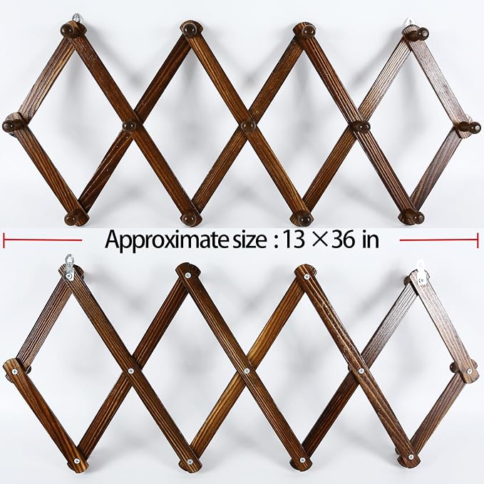 AMAPON Accordion Style Expandable Wall Wooden Coat Rack 13 Hooks (Pegs) Hang Hats Jackets Coffee Mug Purses Necklaces Towels Cap Leash Scarves Data Line Kitchenware (Walnut 2 Packs)