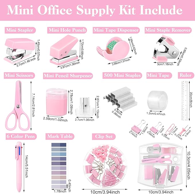 Mini Office Supplies, Purple School Supplies with Sticky Notes,Mini Stapler,Tape Dispenser,Hole Punch,Staple Remover,Staples,Clips,Scissor,Pen (Pink)
