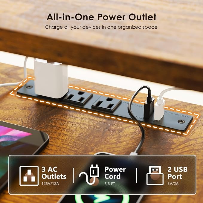 OffiGo 55 Inch U Shape Standing Desk, Keyboard Tray & Drawers, Rustic Brown | 3 Outlets & 2 USB Ports, Dual-Monitor Stand, 10 Colors & 10 LED Modes, 3 Presets, 28.3"-46.5"in Range, 154 lb Capacity