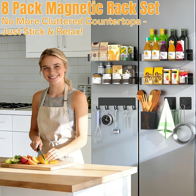 DTUQYX Magnetic Spice Rack for Refrigerator, 8 Pack Clear Acrylic Front Metal Magnetic Shelves with Magnet Hooks Rack, Utensil Caddy & Adjustable Paper Towel Holder, No Drill Kitchen Storage Organizer