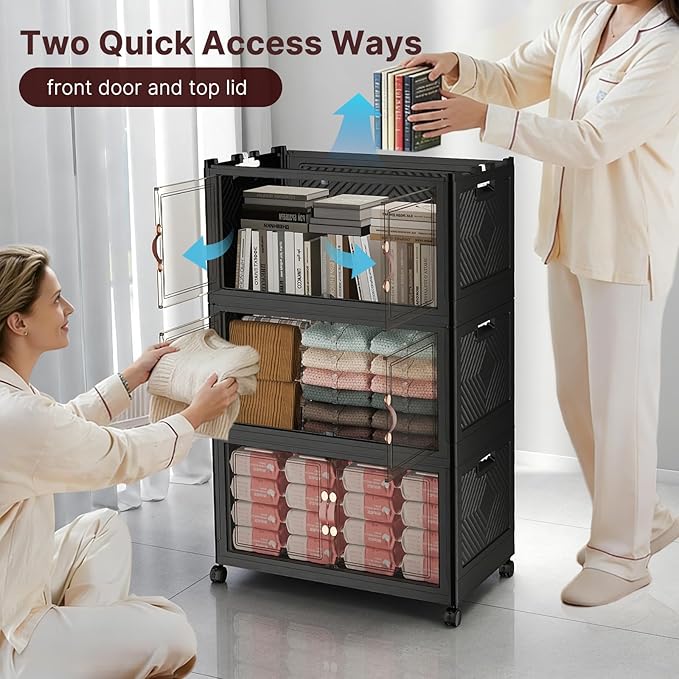 Stackable Storage Bins with Lids, Collapsible Storage Boxes, Foldable Plastic Storage Drawers for Bedroom,Office, Dorm (4, Black, XL)