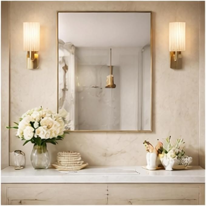 Head West Nordic Gold Stainless Steel Metal Framed Vanity Mirror, Accent Decorative Mirror for Wall Decor, Rectangle Modern Bathroom Mirror for Over Sink, Bedroom, Living Room Entryway Hallway 22"x34"