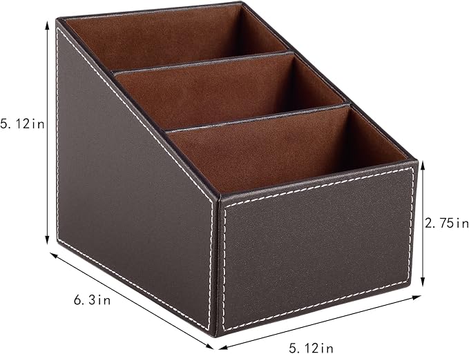TV Remote Control Organizer/Caddy with 3 Compartments,PU Leather Remote Holder Bedside Table Top, Storage Box, Mobile Phone and Media Accessory Storage,Desk Organizers(brown)