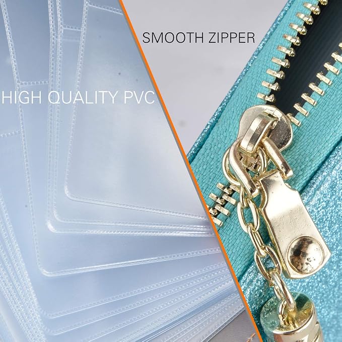 Easyoulife Womens Credit Card Holder Wallet Zip Leather Card Case RFID Blocking (Glitter Teal)