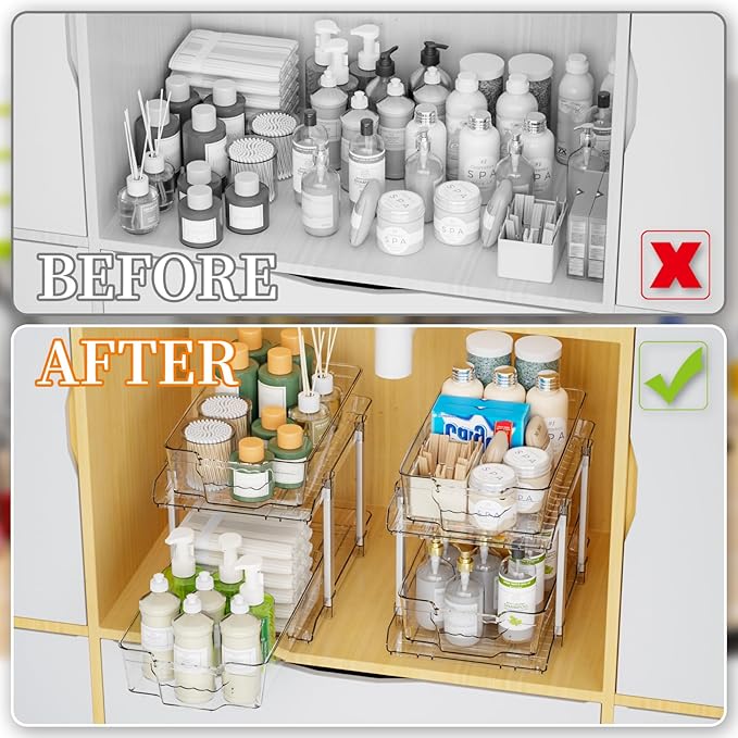 Yieach 2 Pack 2 Tier Under The Sink Organizer With Track,9.8 Inch Tall Bathroom Cabinet Organizer,Clear Under Sink Pull Out organizer for Kitchen,Vanity,Counter,Vanity,Medicine,Makeup,Hair Products