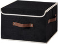 Collapsible Storage Boxes Baskets with Lid Cotton Linen Fabric Storage Bins with Faux Leather Handles Decorative Washable Cube Organizer Container for Home Closet Bedroom (Black, Large Size)