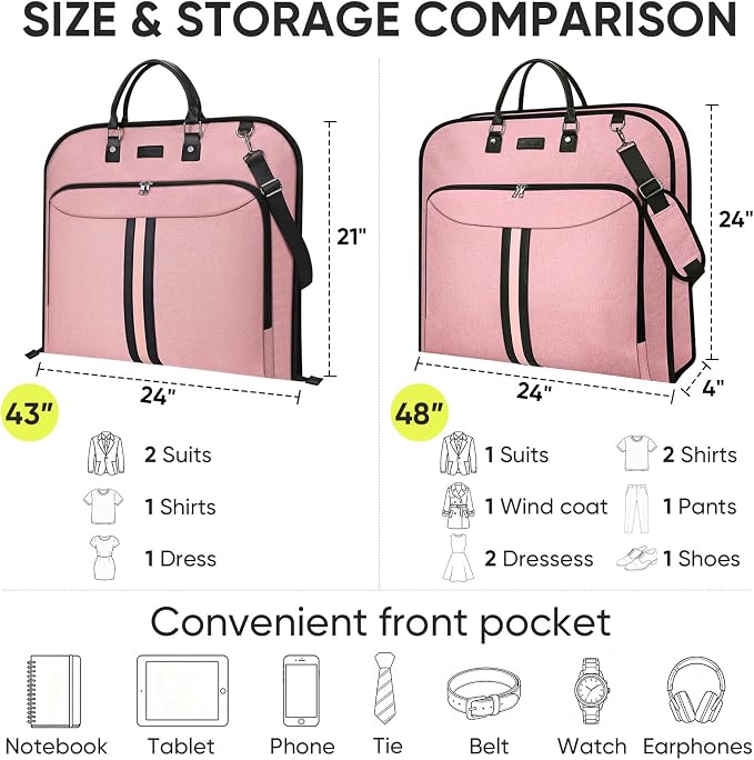 BALEINE Travel Garment Bag, Travel Suit Bag for Men, Water Resistant Carry on Garment Bag for Hanging Clothes, Garment Duffel Bag for Travel Business (Pink, 48")