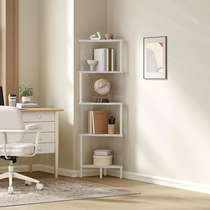 YATINEY 5-Tier Corner Shelf, Corner Bookshelf for Small Space, White CJ12WW | Freestanding Corner Shelf Stand, 5-Tier, 50.2" Tall, Small Bookcase, Clear Acrylic Sides, for Living Room, Bedroom