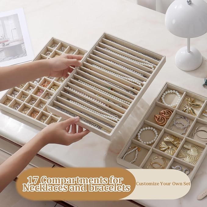 Large Stackable Jewelry Tray 4 Pack Velvet Jewelry Display Drawer Inserts Trays Organizer for Earring Bracelet Necklace Ring (Beige, 17 Grids)