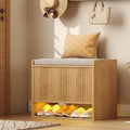 HOMEFORT 23.6" Fluted Shoe Storage Bench, Small Entryway Bench with Linen Seat Cushion, Shoe Cabinet Bench with Adjustable Shelf and Built-in LED Sensor Light, Bench for Bedroom End of Bed,Natural Oak