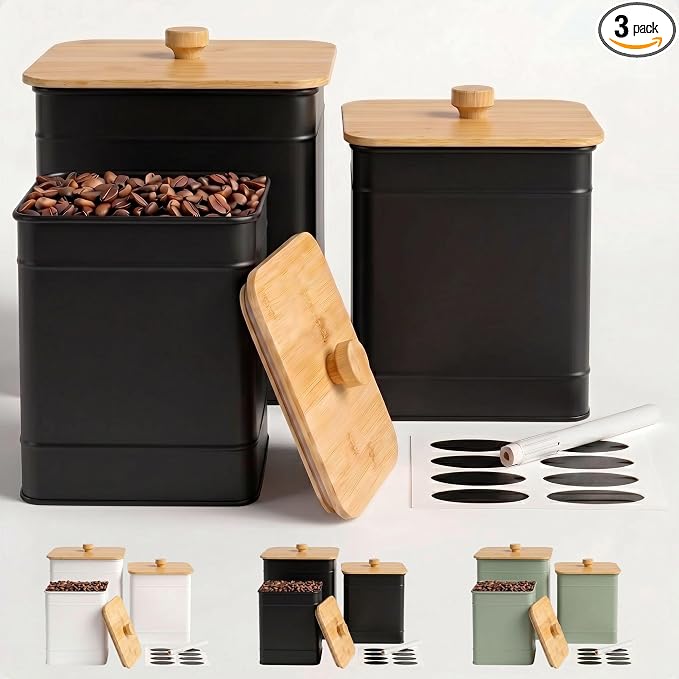 Kitchen Canisters for Countertop Set of 3 w/ Chalkboard Labels & Marker Pen | Airtight Easy Open Bamboo Lids, Dent-Resistant Thick Metal, Customizable Chalkboard Labels, Marker Pen Included, Set of 3
