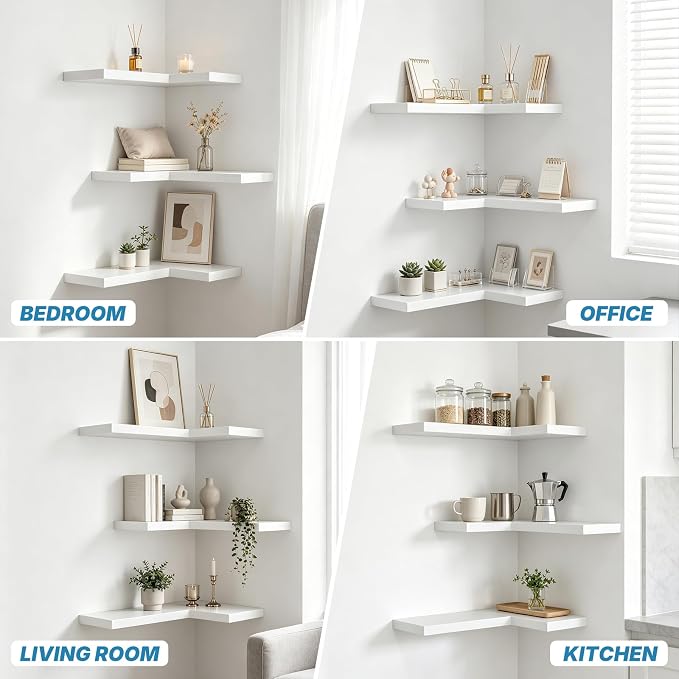 NATURE'S SOURCE Floating Corner Shelves with Invisible Brackets Set of 3, Corner Shelves Wall Mounted, for Home Bedroom Bathroom Kitchen Living Room Office- 16.1" x 11.5" (Pure White)