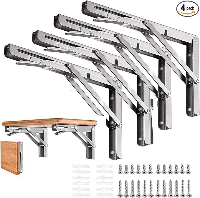 Folding Shelf Brackets 12 inch 4 Pcs Max. Load 220lb - Heavy Duty Stainless Steel DIY Wall Mounted Collapsible Shelf Bracket, Space Saving for Garage Workstation, Stuff Supports, Table, Workbench