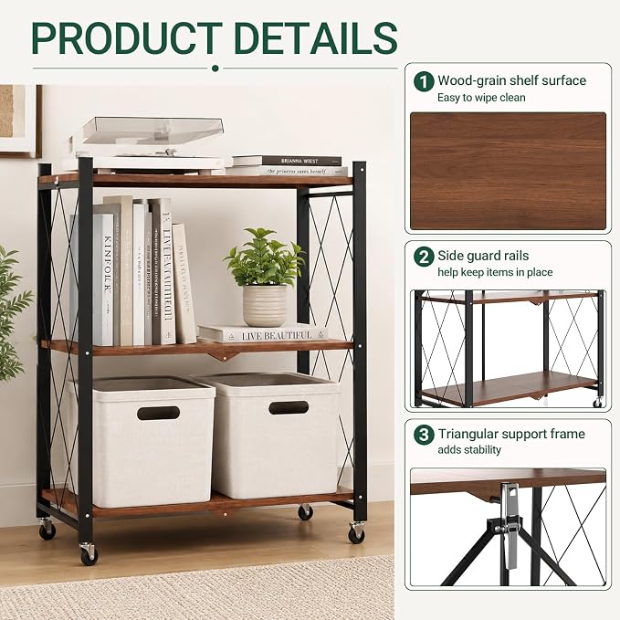 black leopard 3-Tier Foldable Shelf with Wheels, Wood-Grain Steel Shelves | Pre-assembled frame unfolds in seconds with tool-free wheel setup for fast, convenient use.