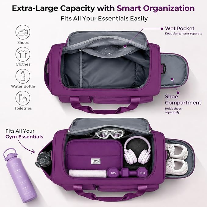 FIORETTO Women's Gym Duffle Bag with Shoes Compartment, 30L Capacity, Ideal for Travel, Gym, Sports, Duffel, Weekender