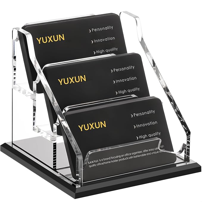YUXUN Black Business Card Holder for Desk-3 Tier 3 Slot, Acrylic Business Card Holder for Women Men, 150+ Business Cards Display Stand, Multiple Business Card Display for Exhibition, Home, Office