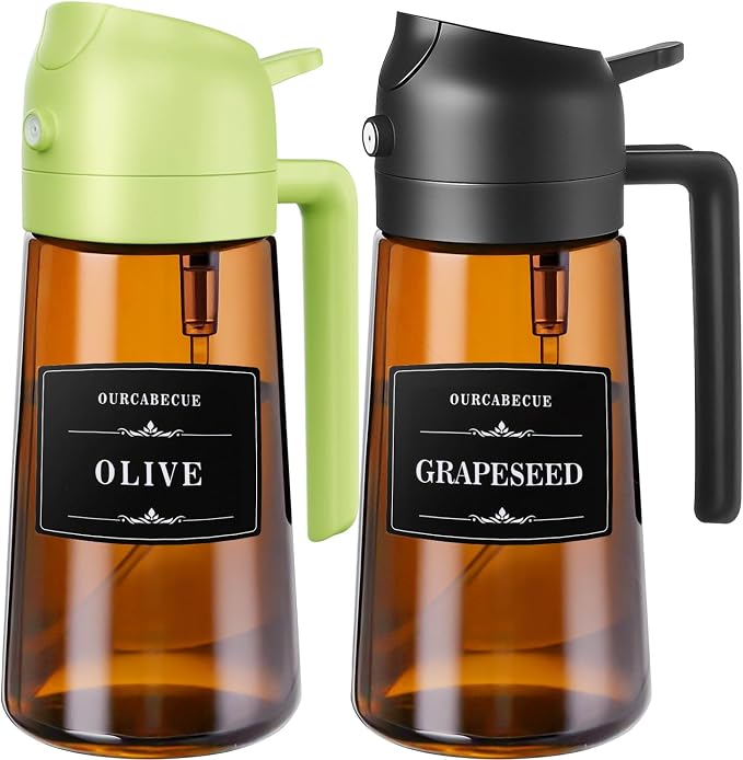 Olive Oil Sprayer & Dispenser for Cooking, 16oz Dark Glass Oil Mister, 2PC | 2-in-1 Oil Sprayer & Pourer, Fine mist, Light-Blocking, Wide Mouth for Easy Refill & Clean, 8 Oil Labels, Reusable