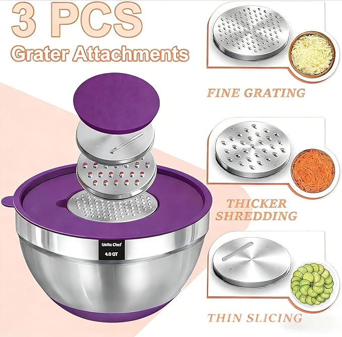 Umite Chef Thickened Stainless Steel Bowl Set, Mixing Bowl Set with Lid, Grater Attachment, Non-Slip Bottom and Kitchen Gadget Set, Sizes 7, 4, 2.5, 2.0, 1.5, 1QT, Ideal for Mixing and Serving