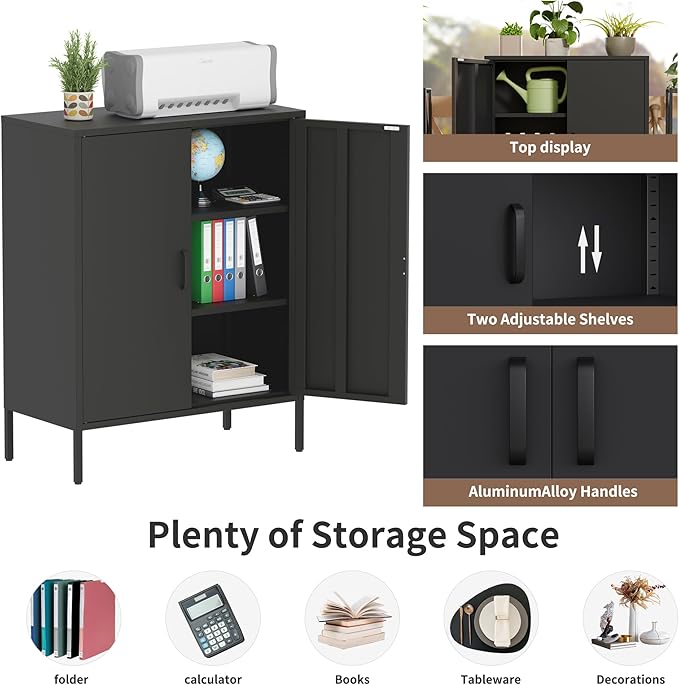 Washsemba Metal Storage Cabinet with Doors and Shelves,Multipurpose Storage Rack, 3-Tier Shelf,Metal Locker Style Accent Cabinet for Home Office,Living Room,Kitchen (Black, 40''H)
