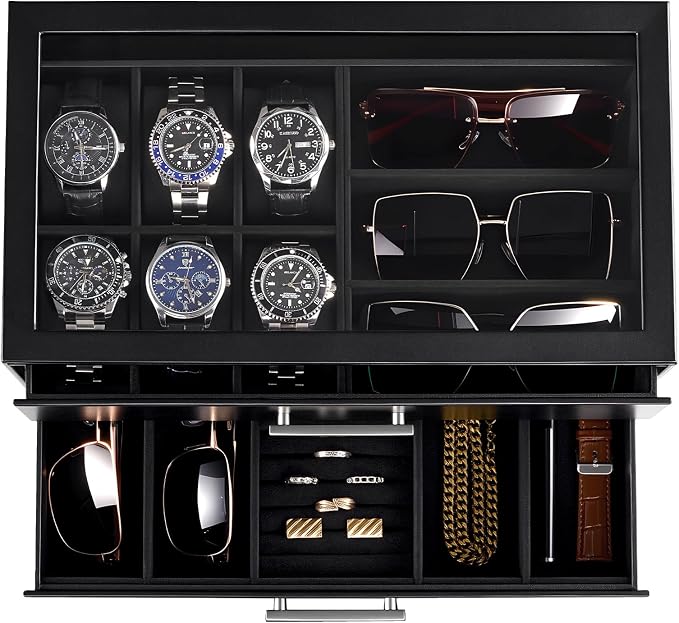 ProCase Watch Case, Mens Jewelry Box for 6 Watch & 5 Sunglasses -Black | Pull-Out Drawer 2-Tier Leather Watch Organizer with Glass Display Top, fit Watches Size Up to 50 mm, Gift for Men & Women