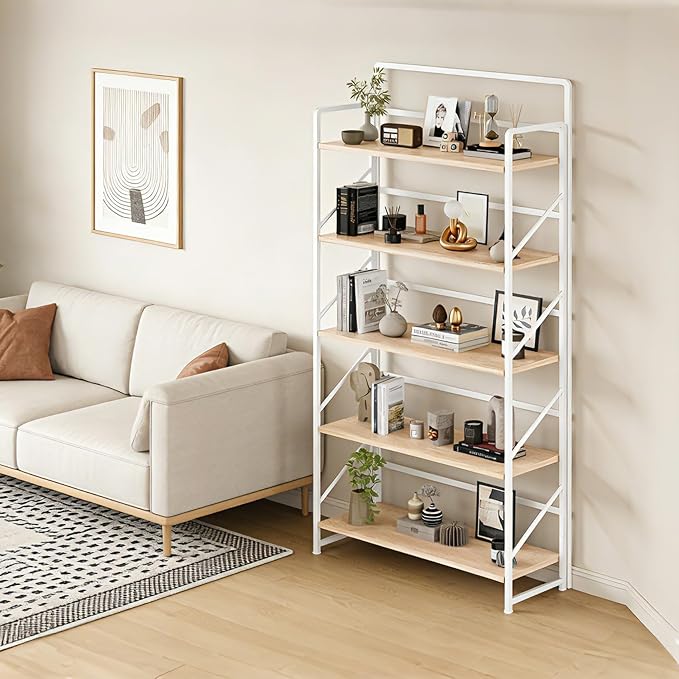 JSB Folding Bookshelf,Industrial Storage Shelves, No Assembly Vintage Wood Look Bookshelf with Storage Shelves for Living Room, Bedroom, Office (White, Wide 5-Tier)