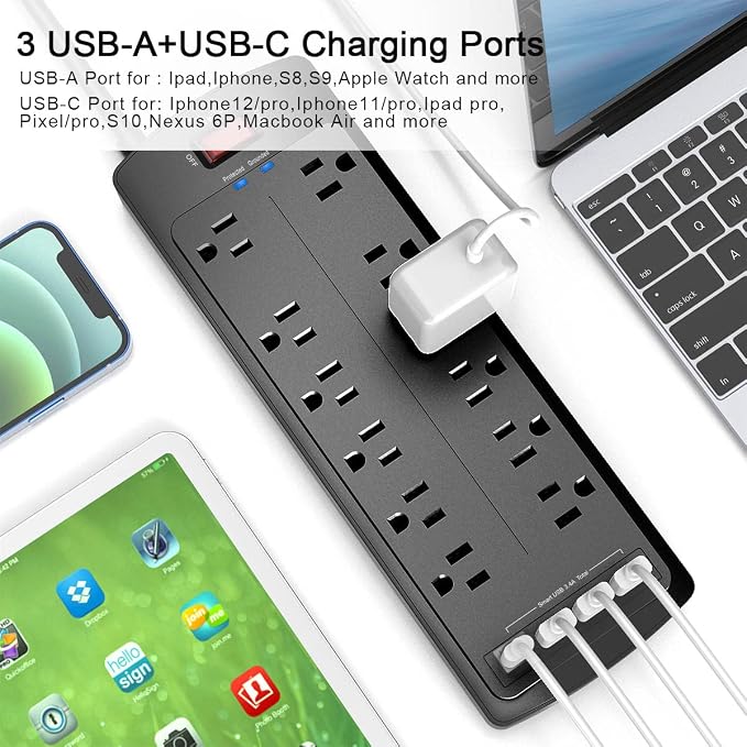 Power Strip, Nuetsa Surge Protector with 12 Outlets and 4 USB Ports, 6 Feet Flat Plug Extension Cord for Home, Office, Dorm Essentials, 2700 Joules, ETL Listed, Black