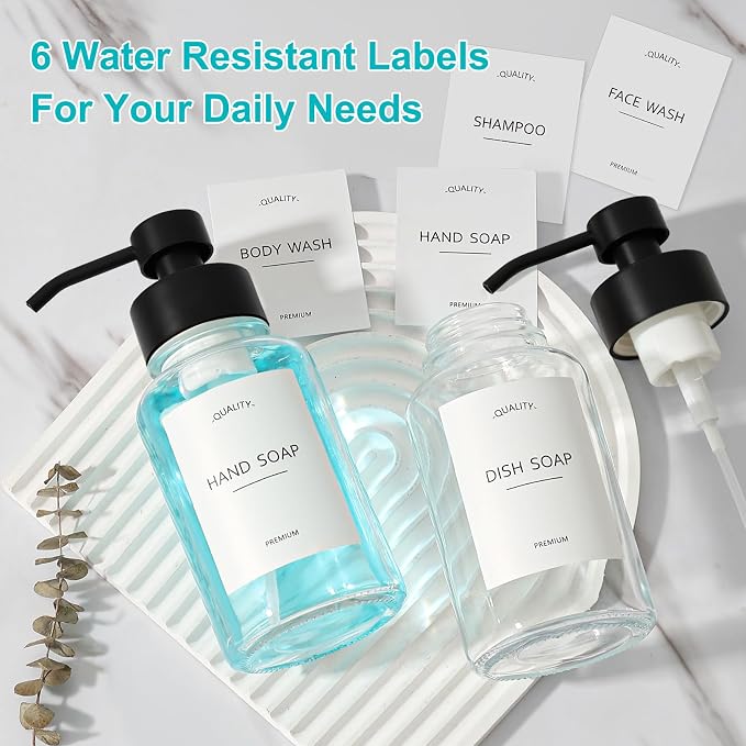 Foaming Hand Soap Dispenser, 14.1 oz/400ml Foaming Soap Dispenser, 2 Pack Glass Foaming Dispenser for Bathroom & Kitchen, Clear Refillable Liquid Dispenser Bottle with Waterproof Labels