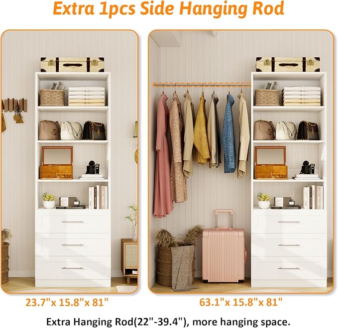 Closet System with 6 Drawers & 8 Shelves, Wood Closet Organizer System with 2 Extra Hanging Rod for Walk in Closet, Modular Closet Organizer System White(4FT)