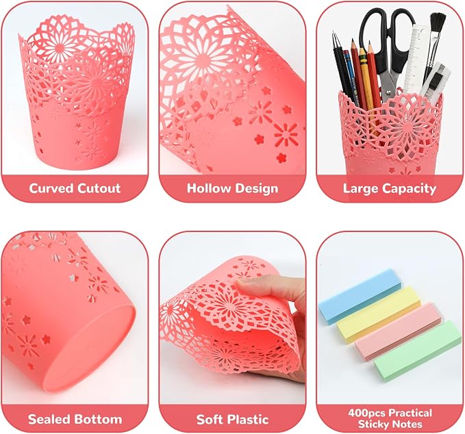 5Pack Pen Holder for Desk Pencil Holder for Classroom Pen Cup Pencil Cup Office Desk Organizers Accessories Makeup Brush Organizer with 400 Pcs Sticky Notes for Office School Home Crafts Supplies