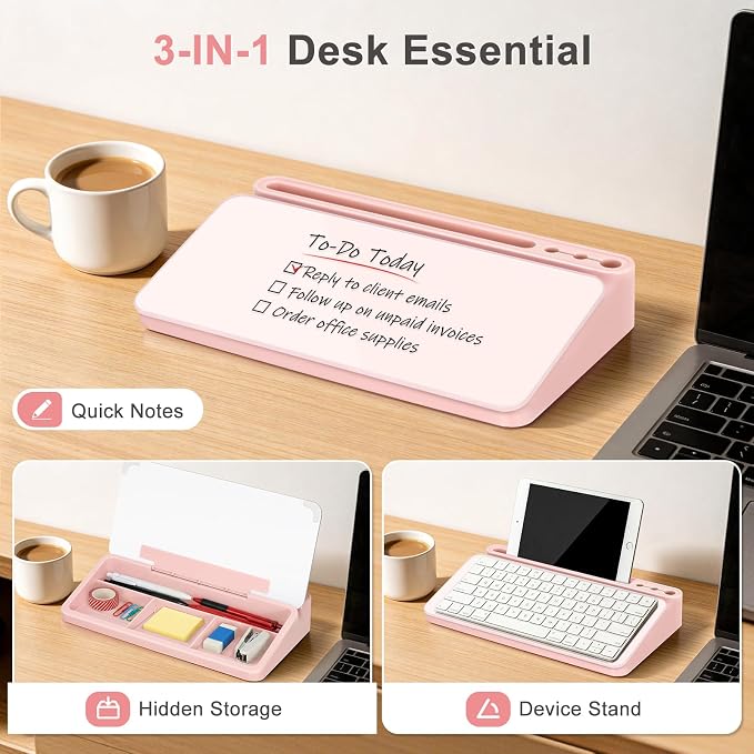 Small Desktop Glass Whiteboard with Storage, Desk White Board Stand Pink | Computer Keyboard Stand, Office Desk Organizers and Accessories with Drawer, To Do Memo Notepad, Home School Supplies
