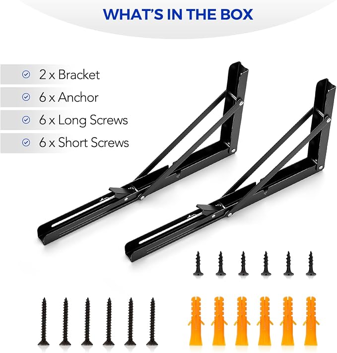 Ravinte Matte Black Folding Shelf Brackets, 14 Inch, 2 Pack | Collapsible Bracket Design, Table And Bench Support, Space-Saving Shelf Setup, For Worktops, Laundry Rooms, Garage Projects