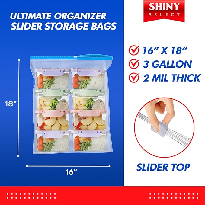 [ Pack of 50 3.5 Gallon Large Food Storage Bags with Reclosable Easy Open Close Slider Closure, 2 Mil Thick, Size 16"x18", for Food-Meal Prep, Organization & Storage