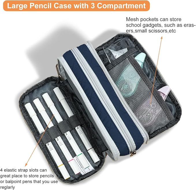 Della Gao Large Pencil Case, Big Capacity Pencil Pouch with 3 Compartments, Office Pencil Bag with Zipper, Big Pen Case for Adults (01-3SLLG)