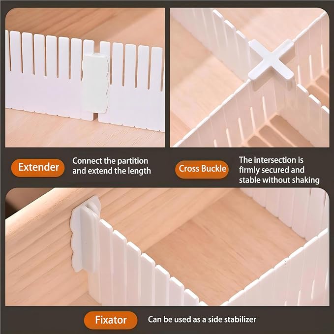 20 PCS with 25 Accessories, Adjustable Plastic Drawer Organizer Inserts, 12.6" x 2.76" x 0.08" White Interlocking Grid Separators for Dresser, Kitchen, Bathroom, Office & Craft Room Storage
