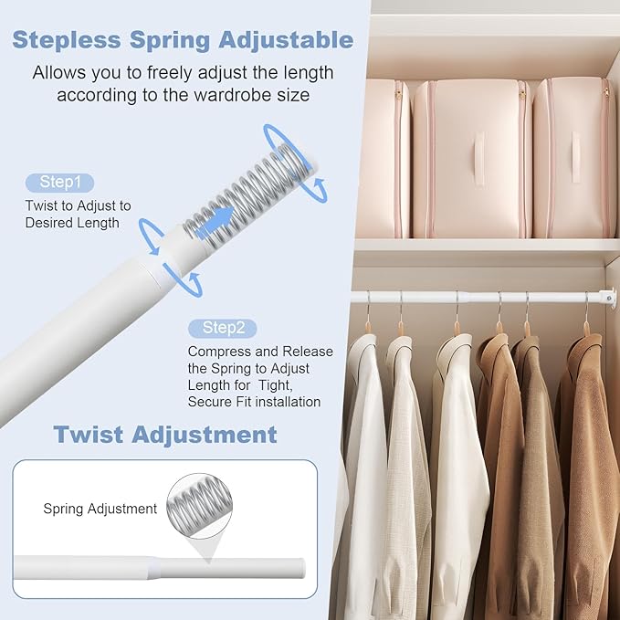 Closet Rods For Hanging Clothes,17-69 Inches Stepless Spring Adjustable Closet Rod With bracket U-shaped,1.3 Inches Heavy Duty White Closet Hanging Rod For Wardrobe,Laundry room,Bathroom And Windows